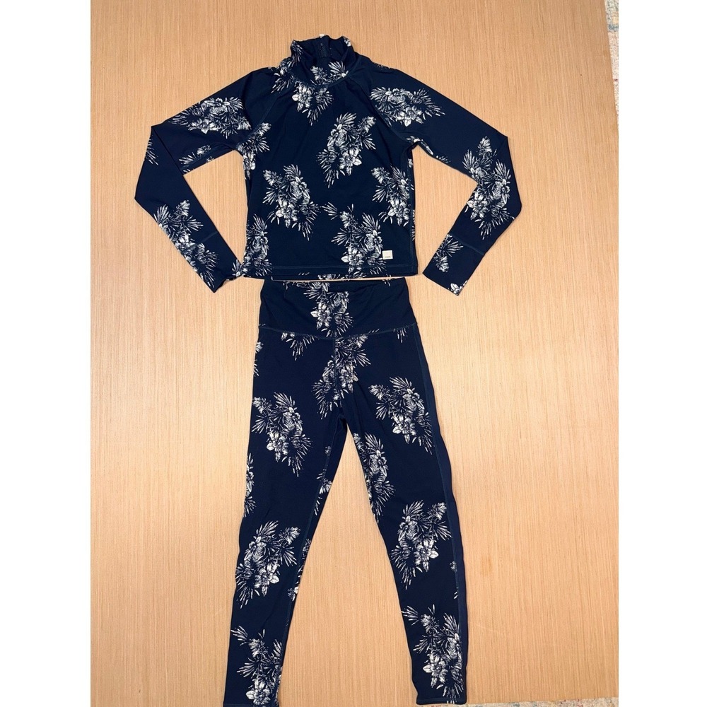 Vuori Seascape Navy Floral Rash Guard Top and Leggings Set Womens Small